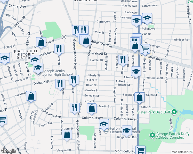 map of restaurants, bars, coffee shops, grocery stores, and more near 12 Gilmore Street in Pawtucket