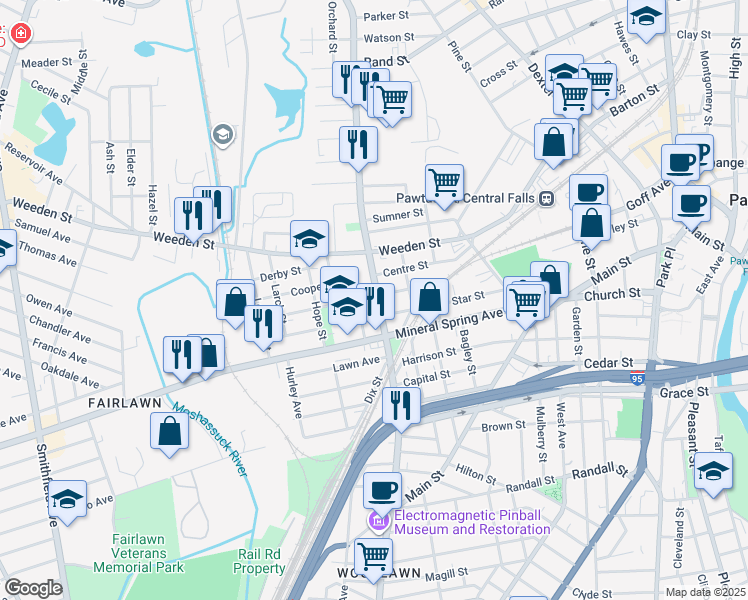 map of restaurants, bars, coffee shops, grocery stores, and more near 12 Baldwin Street in Pawtucket