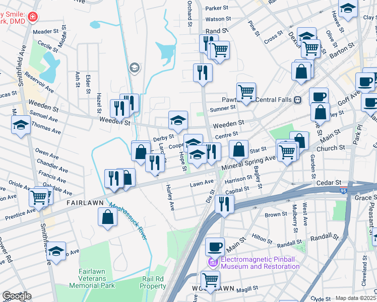 map of restaurants, bars, coffee shops, grocery stores, and more near 38 Hancock Street in Pawtucket