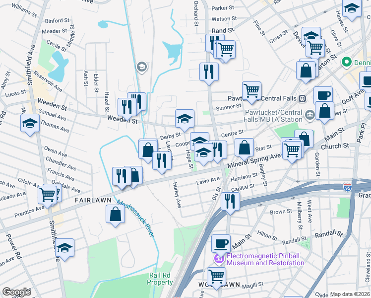 map of restaurants, bars, coffee shops, grocery stores, and more near 38 Hancock Street in Pawtucket