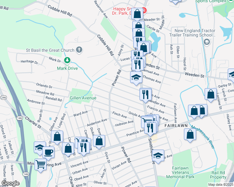 map of restaurants, bars, coffee shops, grocery stores, and more near 151 Francis Avenue in Pawtucket