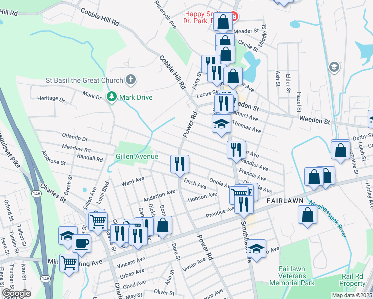 map of restaurants, bars, coffee shops, grocery stores, and more near 151 Francis Avenue in Pawtucket