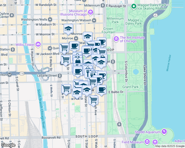 map of restaurants, bars, coffee shops, grocery stores, and more near 11 East Ida B. Wells Drive in Chicago