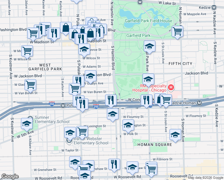 map of restaurants, bars, coffee shops, grocery stores, and more near 3820 West Van Buren Street in Chicago