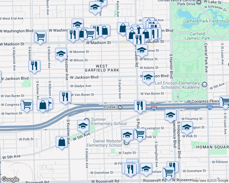 map of restaurants, bars, coffee shops, grocery stores, and more near 4126 West Van Buren Street in Chicago
