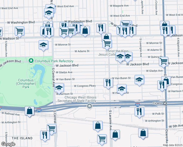 map of restaurants, bars, coffee shops, grocery stores, and more near 5263 West Gladys Avenue in Chicago