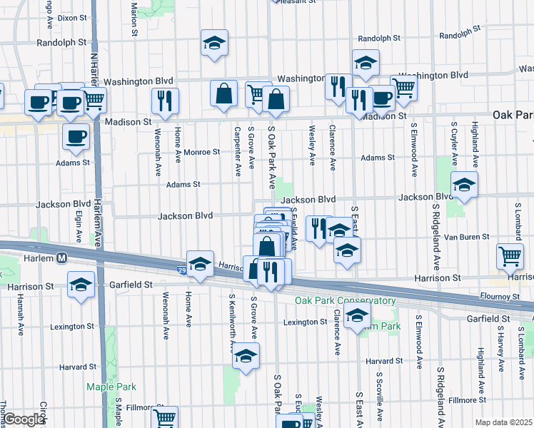 map of restaurants, bars, coffee shops, grocery stores, and more near 716 South Grove Avenue in Oak Park