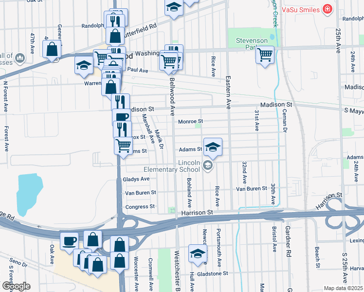 map of restaurants, bars, coffee shops, grocery stores, and more near 3611 Adams Street in Bellwood