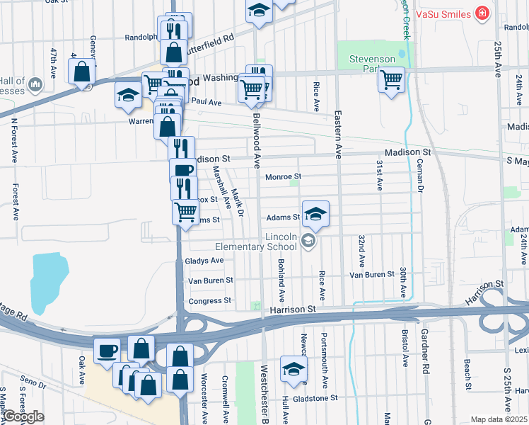 map of restaurants, bars, coffee shops, grocery stores, and more near 3611 Adams Street in Bellwood