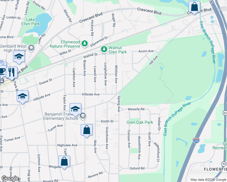 map of restaurants, bars, coffee shops, grocery stores, and more near 432 Whittier Avenue in Glen Ellyn