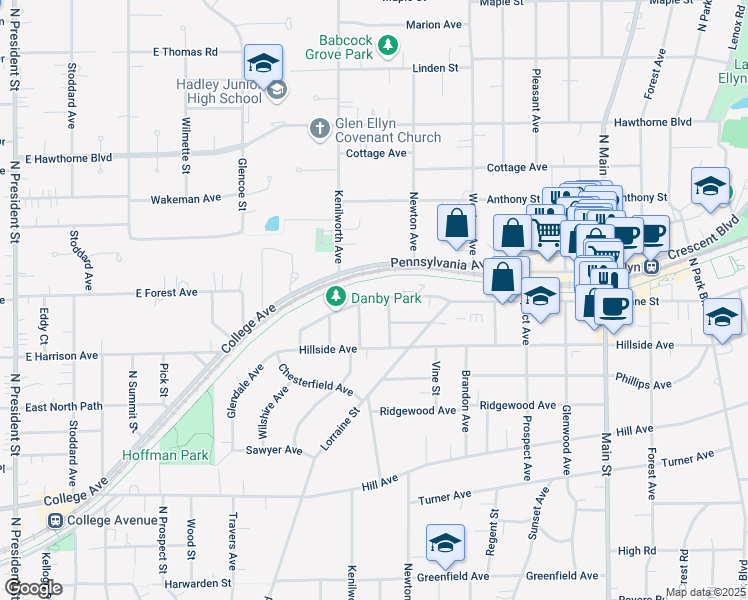 map of restaurants, bars, coffee shops, grocery stores, and more near 310 Duane Street in Glen Ellyn