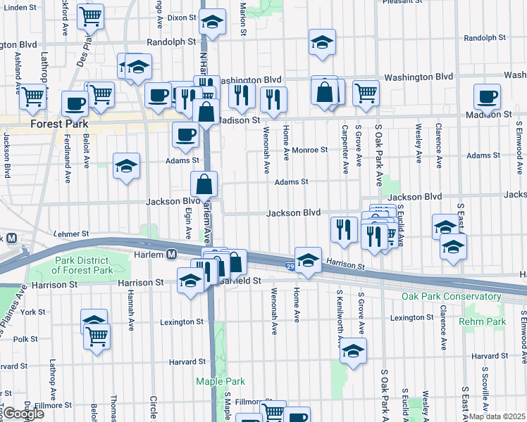 map of restaurants, bars, coffee shops, grocery stores, and more near 735 Wenonah Avenue in Oak Park