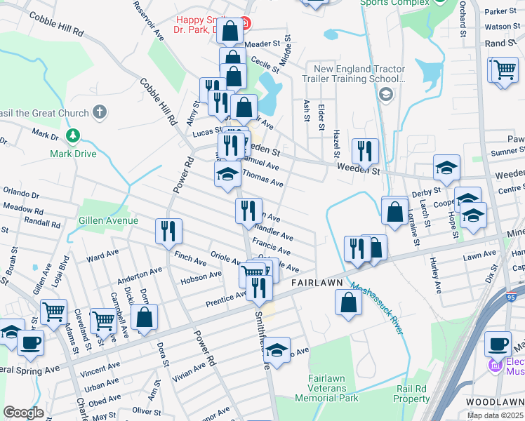 map of restaurants, bars, coffee shops, grocery stores, and more near 55 Owen Avenue in Pawtucket