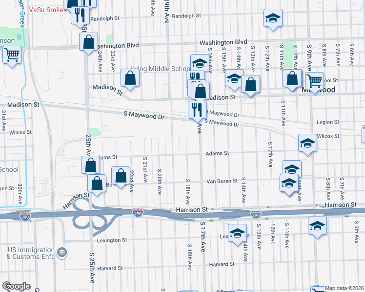 map of restaurants, bars, coffee shops, grocery stores, and more near 1234 South 18th Avenue in Maywood