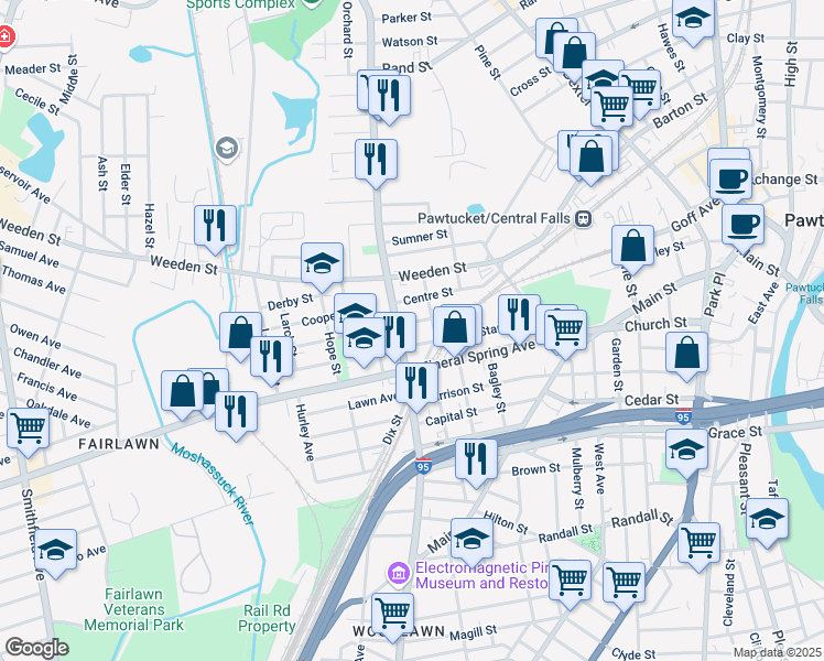 map of restaurants, bars, coffee shops, grocery stores, and more near 273 Lonsdale Avenue in Pawtucket