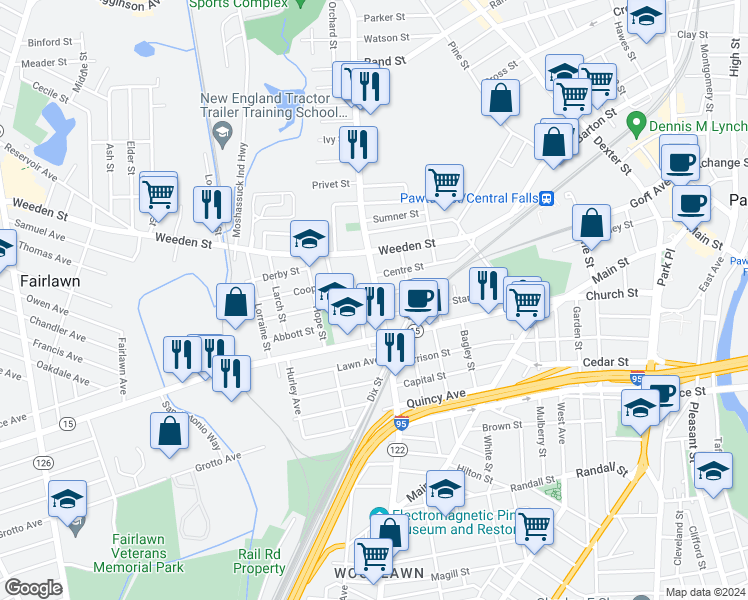 map of restaurants, bars, coffee shops, grocery stores, and more near 4 Baldwin Street in Pawtucket