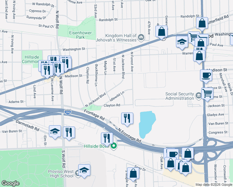 map of restaurants, bars, coffee shops, grocery stores, and more near 4503 Idlewild Lane in Hillside