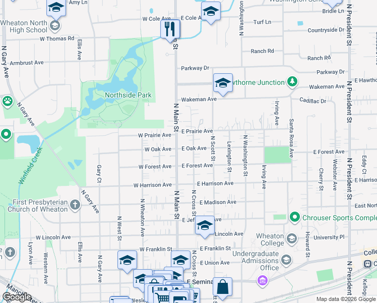 map of restaurants, bars, coffee shops, grocery stores, and more near 124 East Oak Avenue in Wheaton