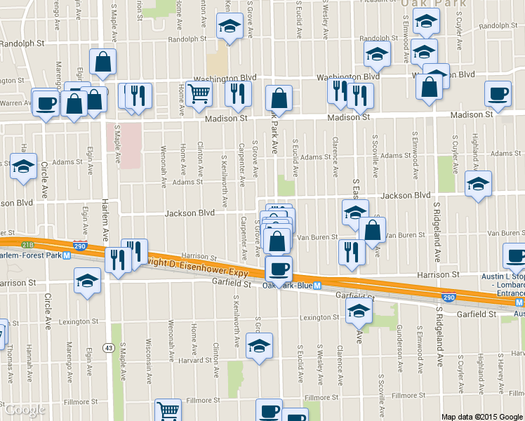 map of restaurants, bars, coffee shops, grocery stores, and more near 716 South Grove Avenue in Oak Park