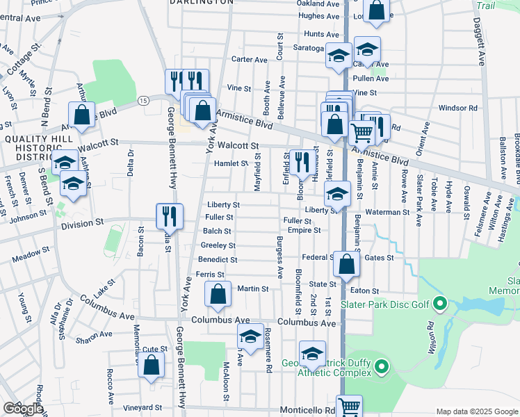 map of restaurants, bars, coffee shops, grocery stores, and more near 117 Liberty Street in Pawtucket