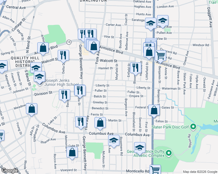 map of restaurants, bars, coffee shops, grocery stores, and more near 12 Gilmore Street in Pawtucket