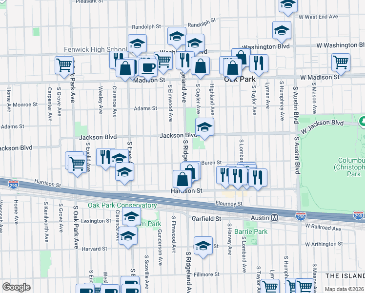 map of restaurants, bars, coffee shops, grocery stores, and more near 719 South Ridgeland Avenue in Oak Park