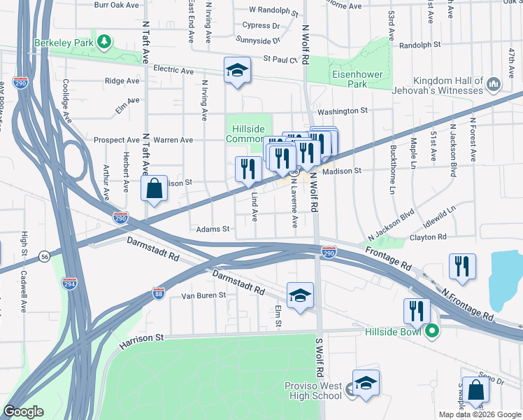 map of restaurants, bars, coffee shops, grocery stores, and more near 301 Lind Avenue in Hillside