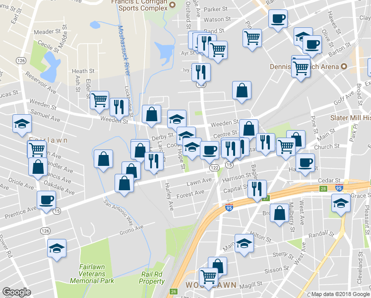 map of restaurants, bars, coffee shops, grocery stores, and more near 38 Hancock Street in Pawtucket