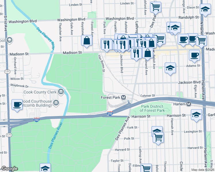 map of restaurants, bars, coffee shops, grocery stores, and more near 7753 Van Buren Street in Forest Park