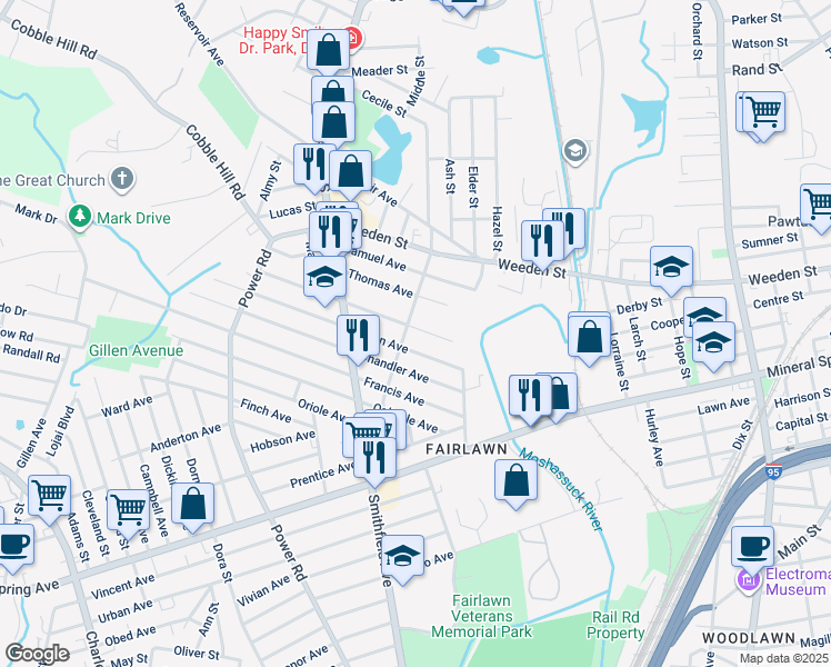 map of restaurants, bars, coffee shops, grocery stores, and more near 60 Morris Avenue in Pawtucket