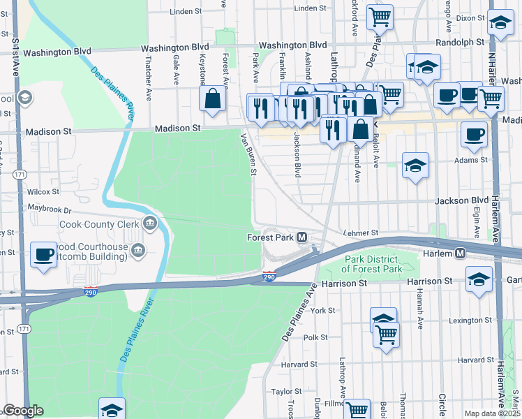 map of restaurants, bars, coffee shops, grocery stores, and more near 7757 Van Buren Street in Forest Park