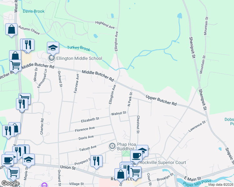 map of restaurants, bars, coffee shops, grocery stores, and more near 63 North Park Street in Ellington