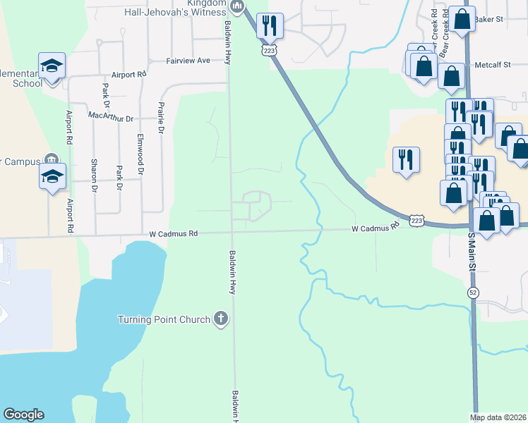 map of restaurants, bars, coffee shops, grocery stores, and more near 2502 Lakewood Drive in Adrian