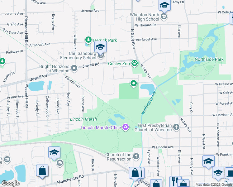 map of restaurants, bars, coffee shops, grocery stores, and more near 1211 Champion Forest Drive in Wheaton