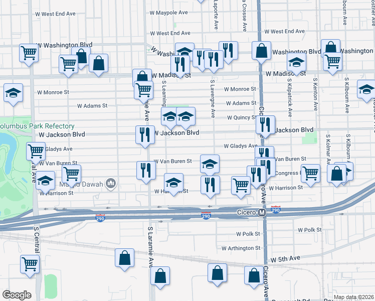 map of restaurants, bars, coffee shops, grocery stores, and more near 5055 West Gladys Avenue in Chicago
