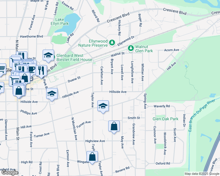 map of restaurants, bars, coffee shops, grocery stores, and more near 436 Bryant Avenue in Glen Ellyn