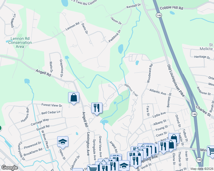map of restaurants, bars, coffee shops, grocery stores, and more near 44 Knoll Place in North Providence