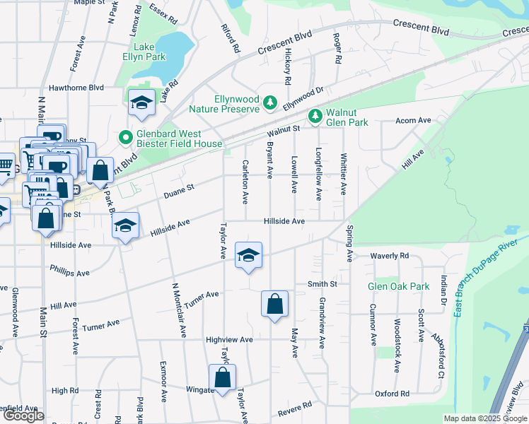 map of restaurants, bars, coffee shops, grocery stores, and more near 436 Bryant Avenue in Glen Ellyn