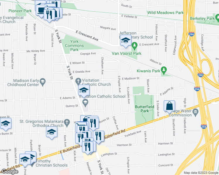 map of restaurants, bars, coffee shops, grocery stores, and more near 788 Colfax Avenue in Elmhurst