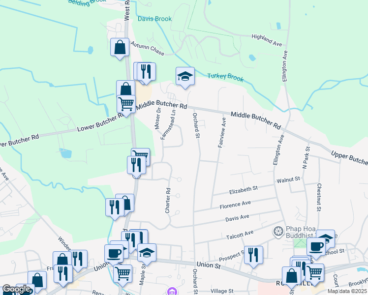 map of restaurants, bars, coffee shops, grocery stores, and more near 10 High Ridge Road in Ellington