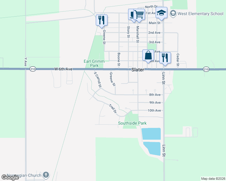 map of restaurants, bars, coffee shops, grocery stores, and more near 637 Greene Street in Slater