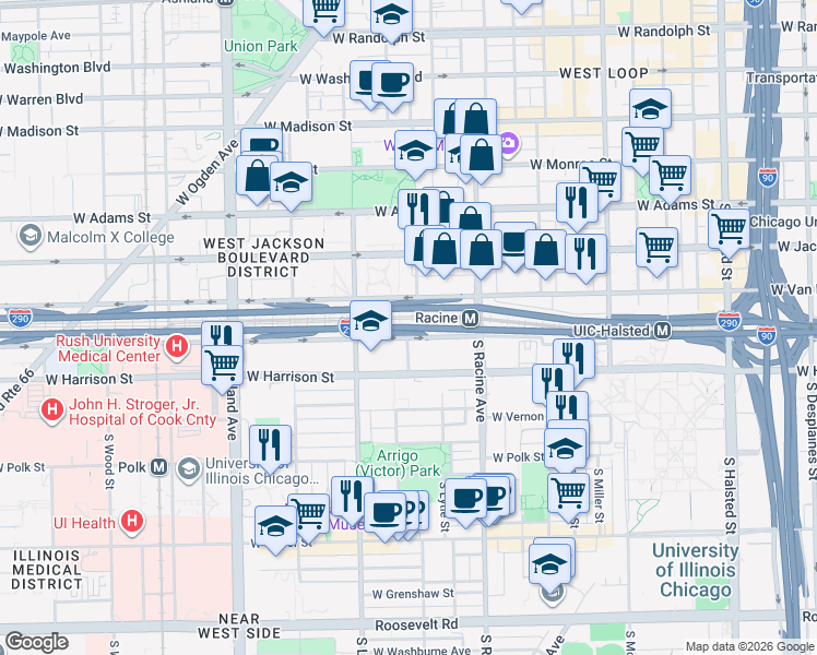 map of restaurants, bars, coffee shops, grocery stores, and more near 428 South Throop Street in Chicago