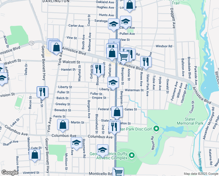 map of restaurants, bars, coffee shops, grocery stores, and more near 244 Liberty Street in Pawtucket