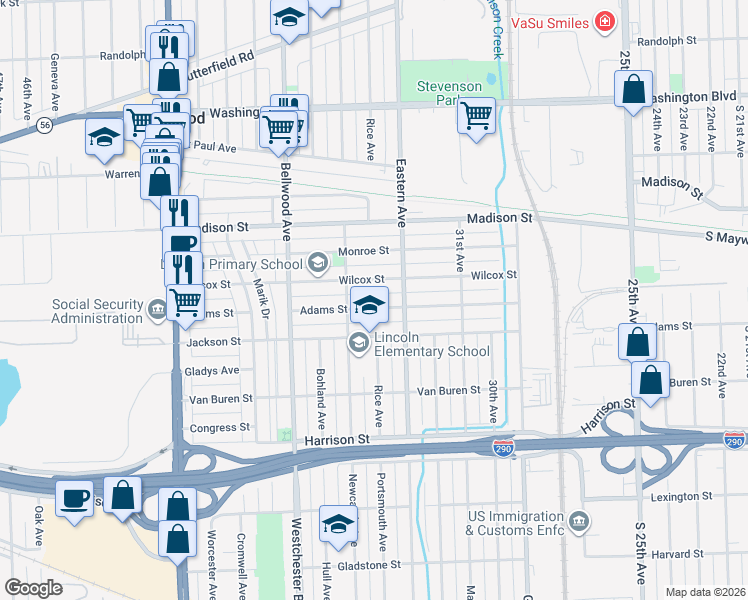 map of restaurants, bars, coffee shops, grocery stores, and more near 3327 Adams Street in Bellwood