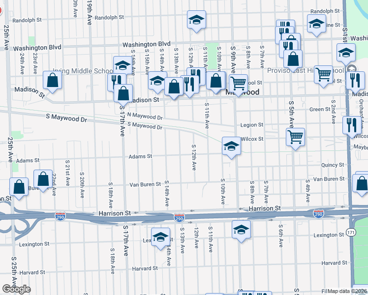 map of restaurants, bars, coffee shops, grocery stores, and more near 1242 South 12th Avenue in Maywood