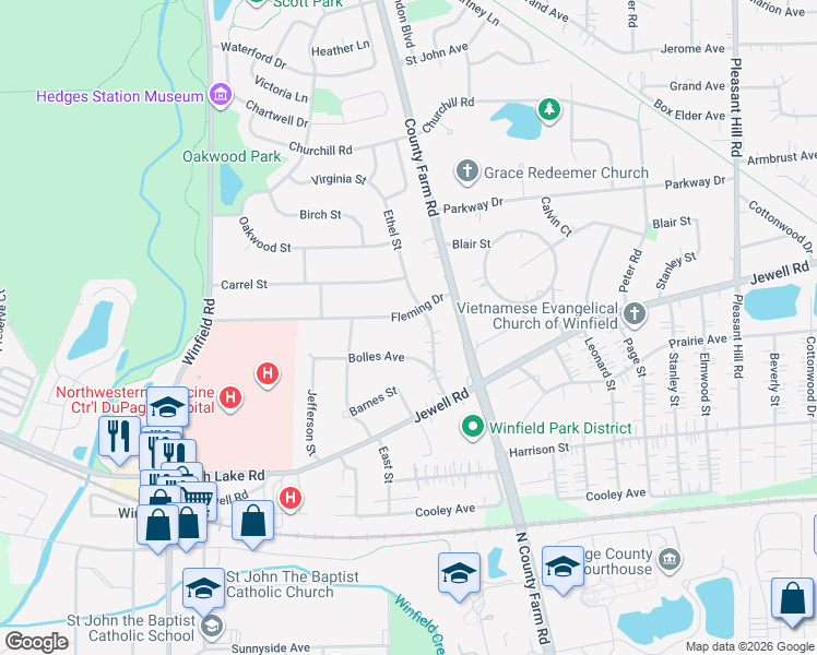 map of restaurants, bars, coffee shops, grocery stores, and more near 27W121 Fleming Dr in Winfield