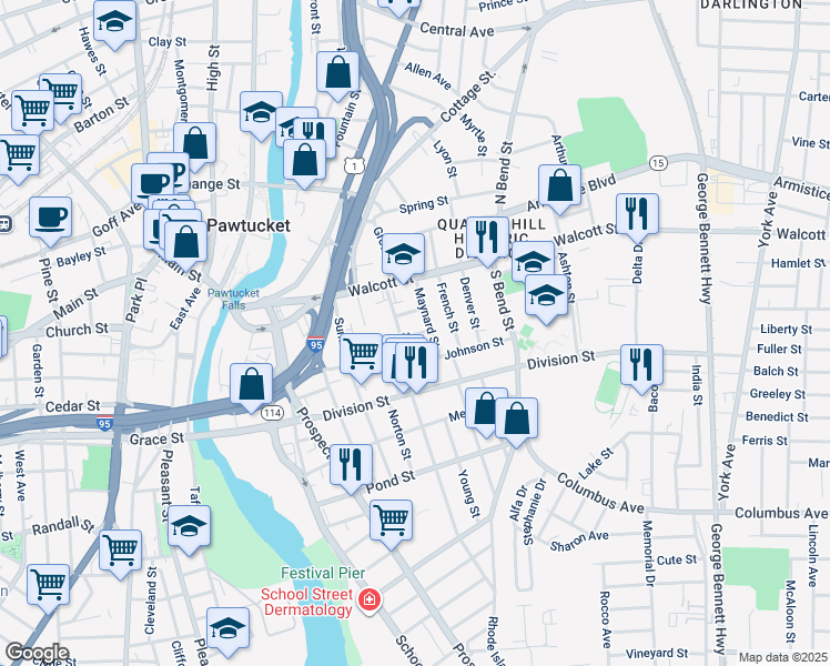 map of restaurants, bars, coffee shops, grocery stores, and more near 63 Potter Street in Pawtucket
