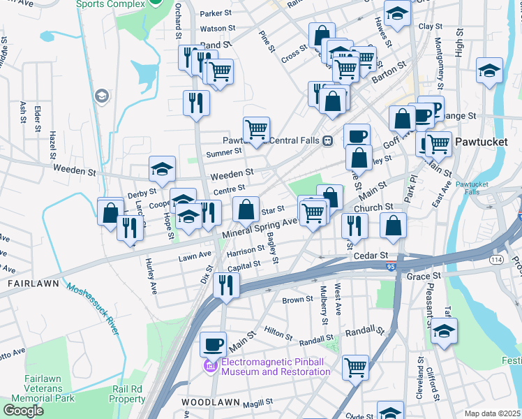 map of restaurants, bars, coffee shops, grocery stores, and more near 48 Star Street in Pawtucket