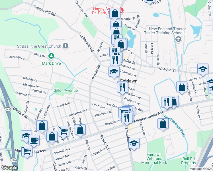 map of restaurants, bars, coffee shops, grocery stores, and more near 18 Chandler Avenue in Pawtucket