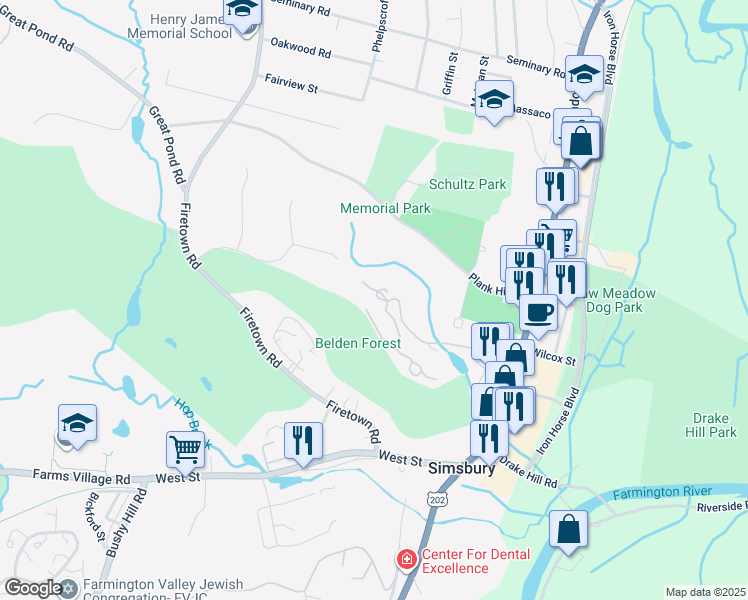map of restaurants, bars, coffee shops, grocery stores, and more near 38 Forest Hill Drive in Simsbury